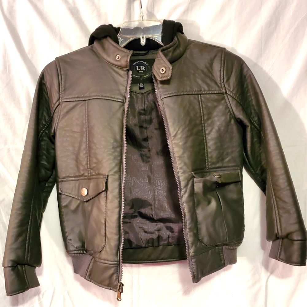 Boys hooded leather jacket 10/12 dark Grey and black Urban Republic